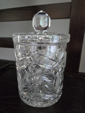 Vintage Heavy Lead Crystal Cut Glass Biscuit Barrel Candy Jar with Lid 8” Boho